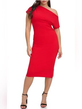 Siena Red One Shoulder Scuba Midi Dress Size 4 Bodycon Stretch NEW